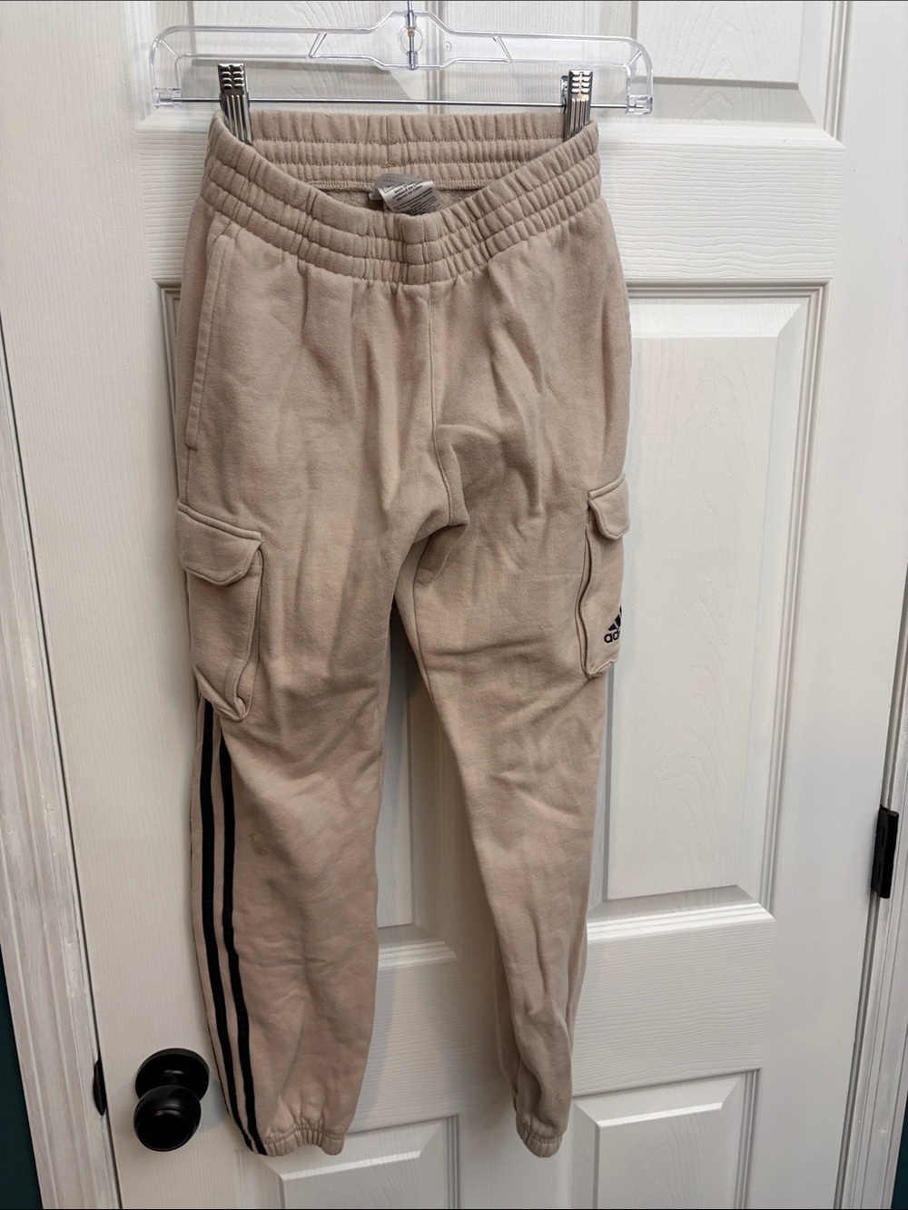 adidas Kids Beige Cargo Joggers with Black Stripes